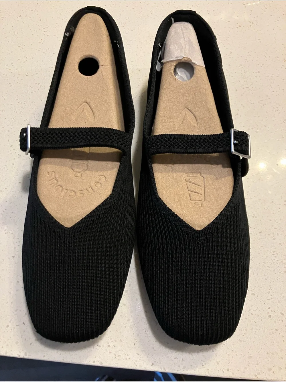 Black Knit Mary Jane Flats with Adjustable Buckle